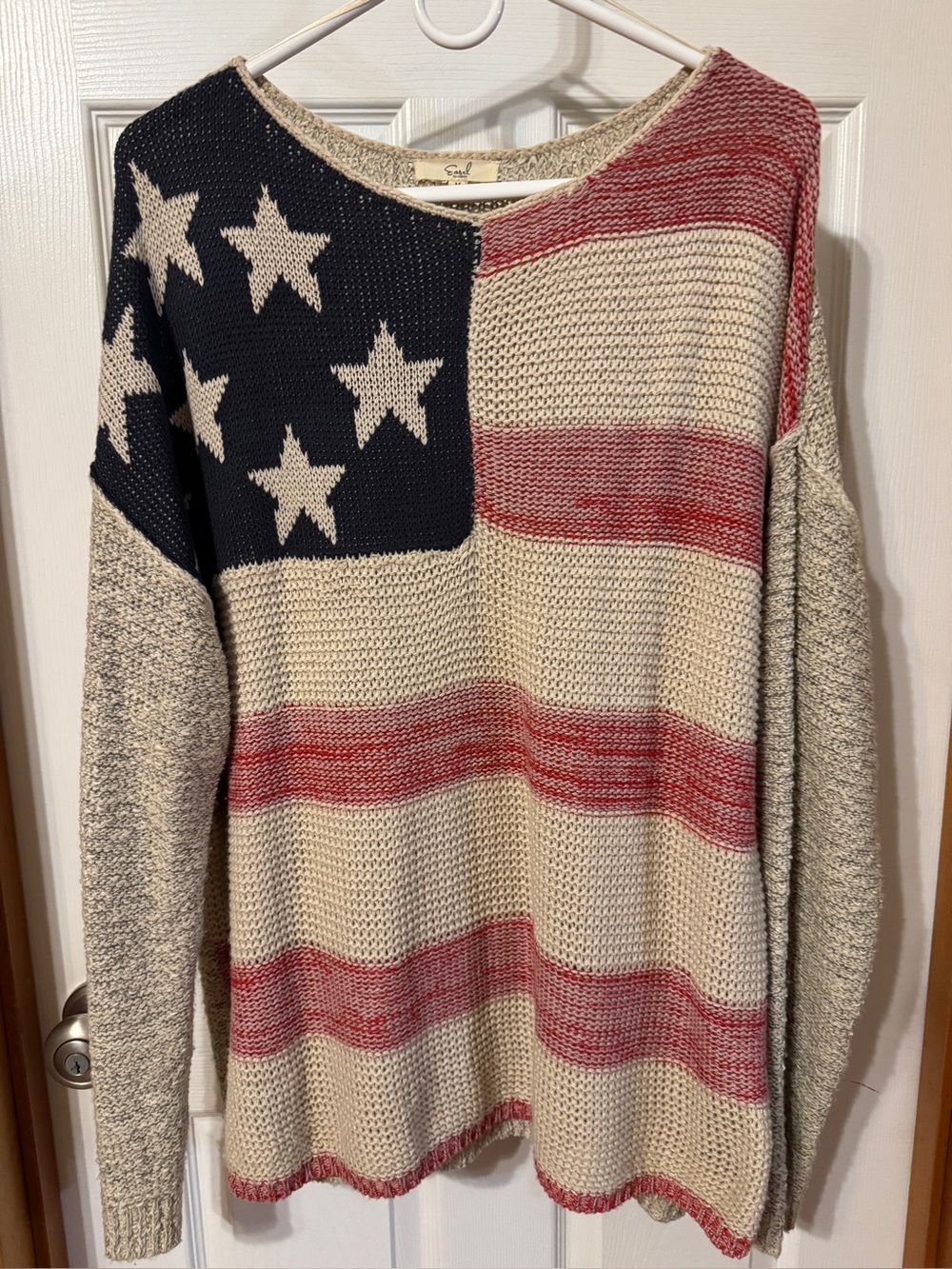 easel Flag-Striped Crochet Knit Pullover in Navy, Cream & Red Size: Medium